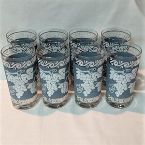 8 Vintage MCM Colony Wedgewood Blue Grapevine 12oz Flat Tumbler Beverage Glasses
